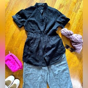 VINTAGE EUC sizeS CLUB MONACO black cotton voile seersucker short sleeve Blouse